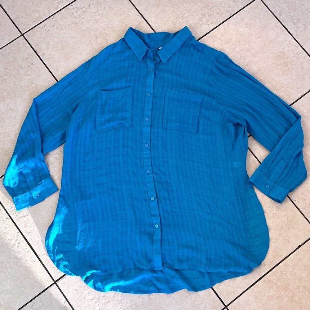 Cato Button‎ Down Shirt Womens 26/28W Turquoise Blue Excellent Textured Rayon